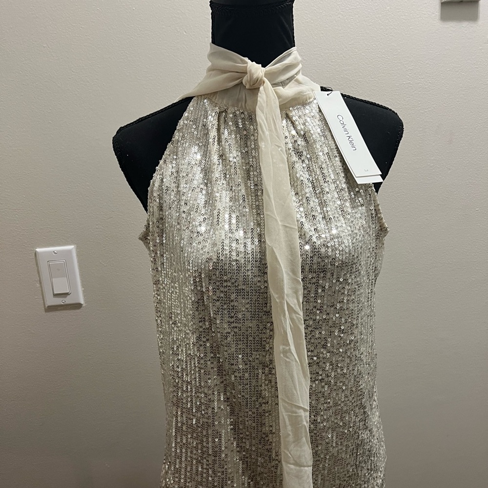 Calvin Klein | Silver Blouse Halter Neck Tie Sequin Loose | Size: Small | NWT